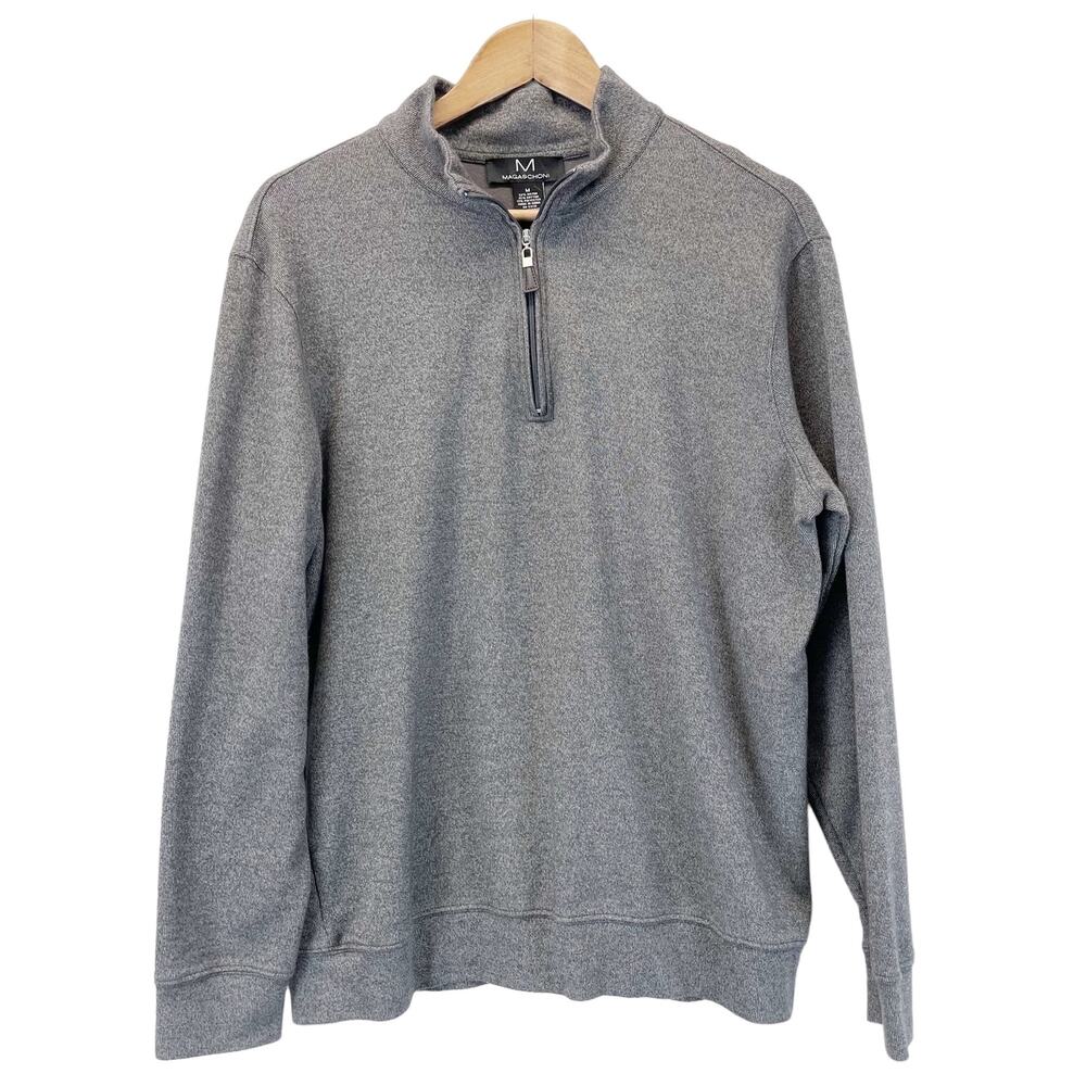 Magaschoni Sweater Mens Medium 1/4 Zip Mock Neck‎ Gray Minimalist Classic Dad